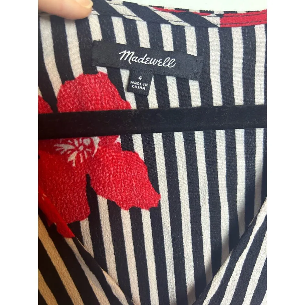 Madewell Dress Black White Striped Red Florals Retro Women Size 4 Preppy - Image 2