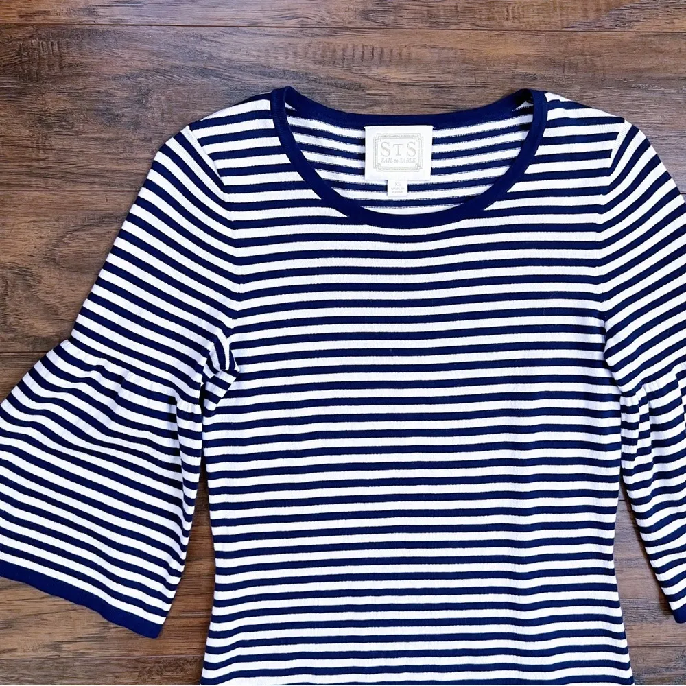 Sail to Sable • Striped Bell Sleeve Dress sweater knit mini navy blue white - Image 3