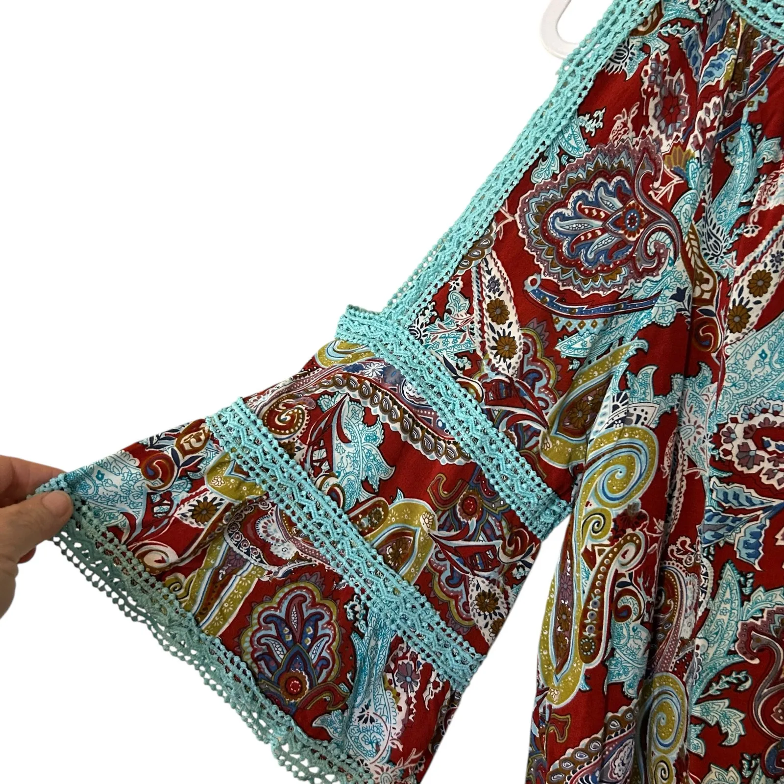 Paisley Vine Top Teal Bell Sleeve Open Shoulder Crochet Art to Wear Boho SZ XL Red - Image 5