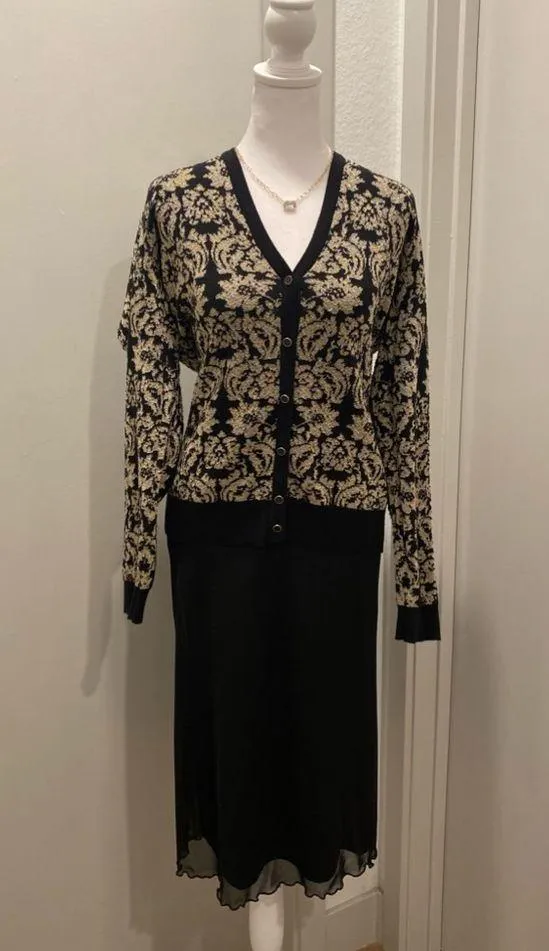 New York & Company Button-Down Black & Gold Metallic Floral Sweater Cardigan XL - Image 3
