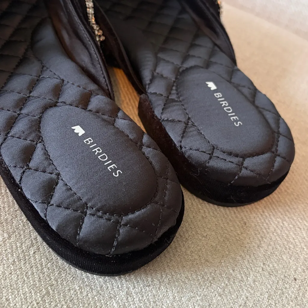 Birdies Size 9.5 Black Velvet Rhinestone Braid Flat Almond Toe Swan Mules - Image 7