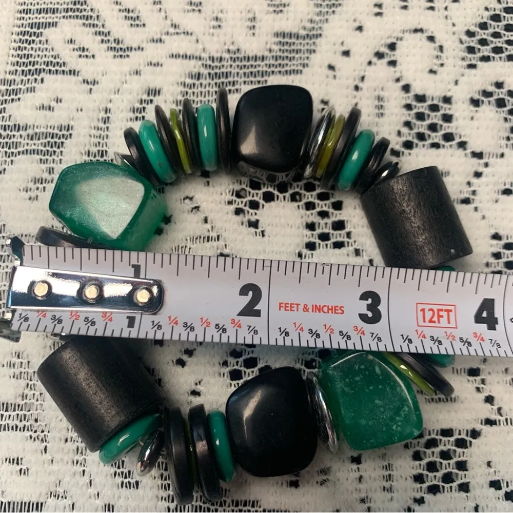 Chunky Mixed Media Vintage Stretch Bracelet Green Black Wood Faux Stone Thick - Image 6
