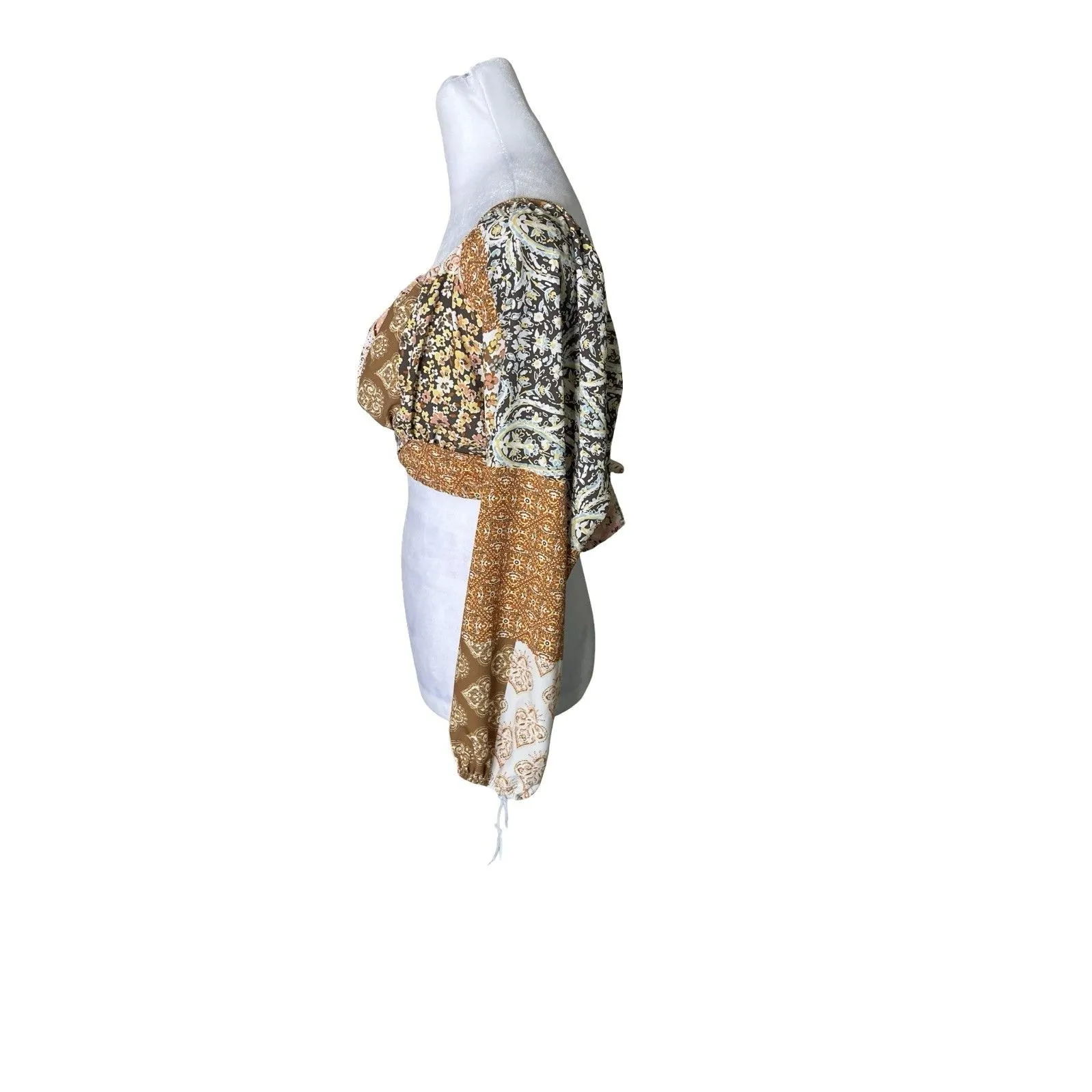 Altar'd State Pink Brown Patchwork Boho Crop Top Small Long Sleeve Tie Front - Image 3