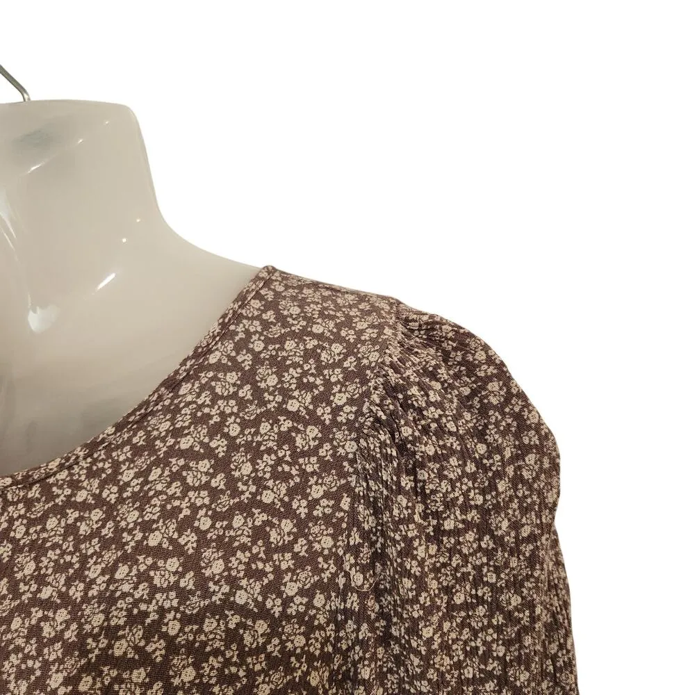 Be Cool Short Sleeve Crinkle Floral Tiered Midi Shirt Dress Boho Brown Large - Image 4