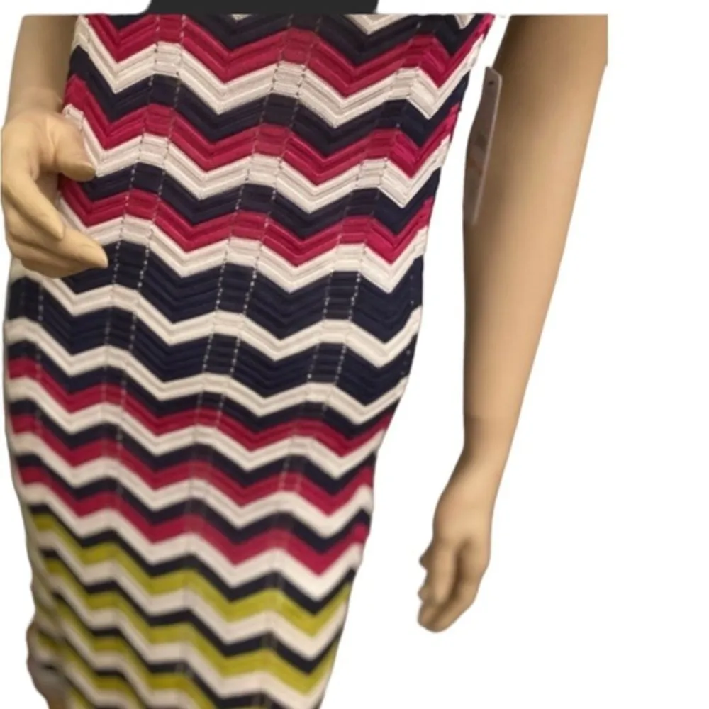Chevron Knit Midi‎ Dress with Striped Pattern in Navy, Red, Yellow and White - Image 2