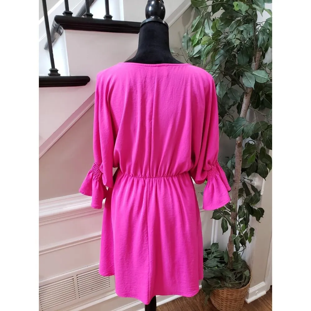 Dress Up Women Pink Cinch Waist Polyester Long Sleeve V Neck Sheath Dress Size S - Image 9