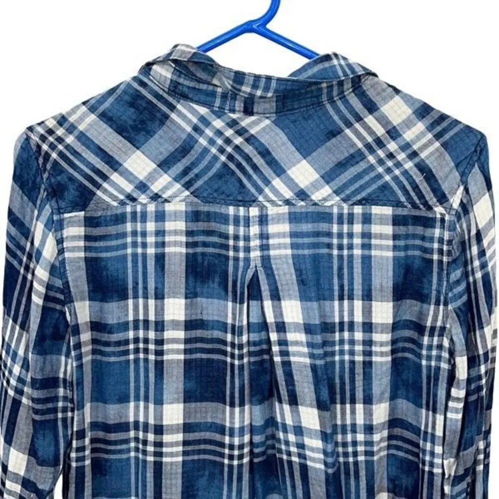 Bella Dahl Rayon Tencel Plaid Button Down One Pocket Top Blue Size Medium - Image 4