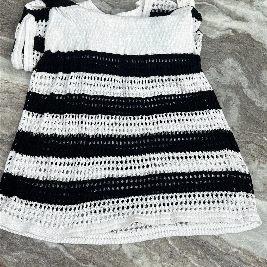NWT DKNY Swimsuit Cover-Up Black & White Stripe Crochet V Neck Dress Sz L - Image 10