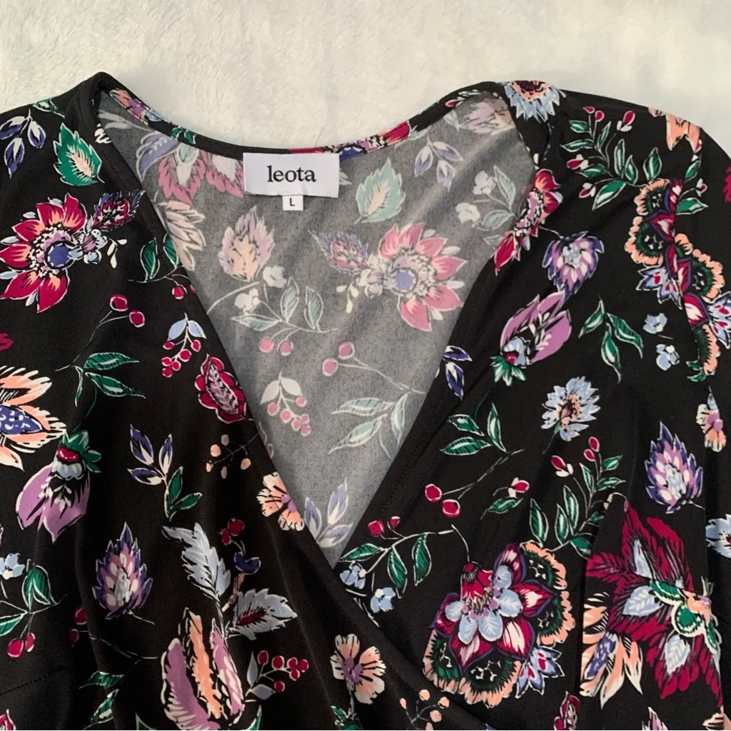 Leota size large black floral knee length dress tie waist stitch fix faux wrap - Image 5