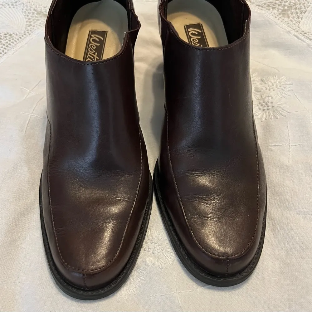 Westies Brown Leather Slip On Heeled Shoes Women’s Size 8 Stacked Heel Office - Image 2