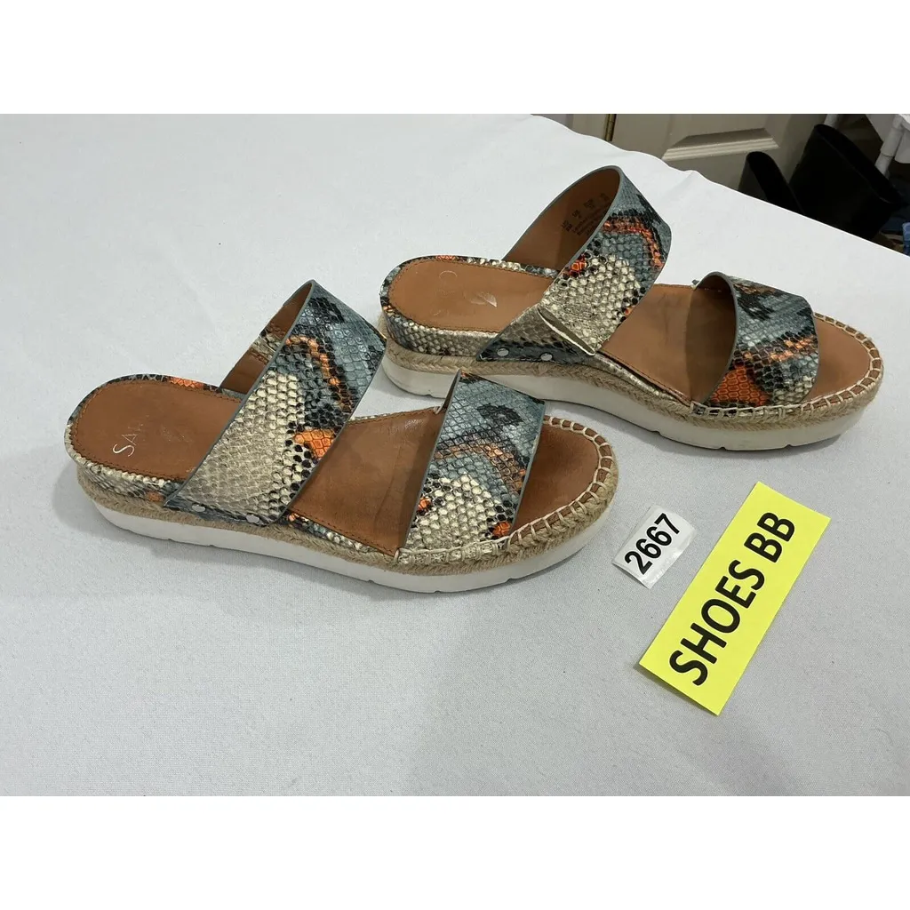 Womans Sarto Cappy Size 8 M Blue Orange Snake Print Strappy Slip On Wedge Sandal - Image 2