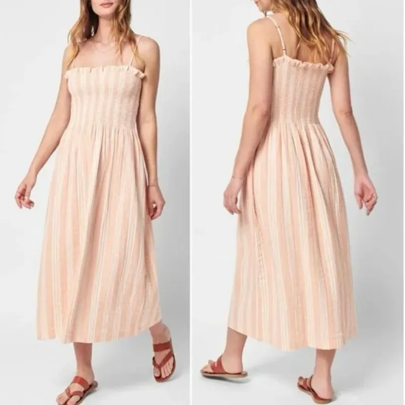 Faherty 100% Cotton Orange White Striped Smocked Midi Dress Size XS - Image 2