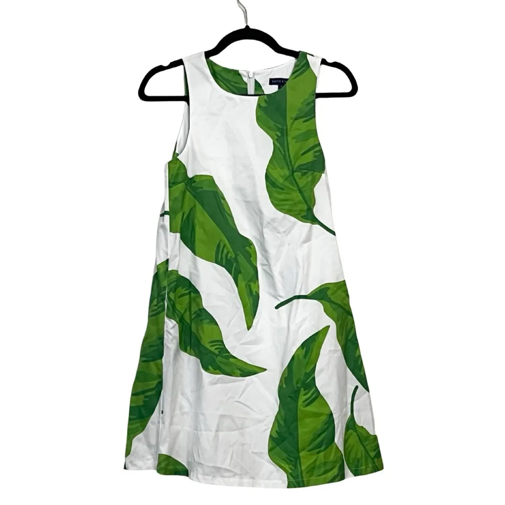KATIE KIME Banana Leaves Tropical Printed White Green Mini Sheath Dress Sz 2 - Image 2