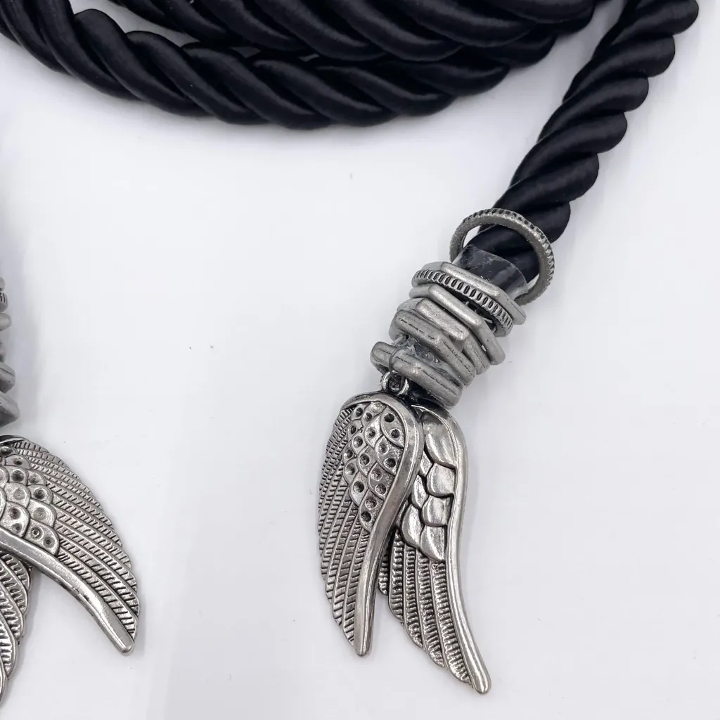 Vintage Black Rope Belt Silver Angel Wing Charm Tassels 69" Fairy Grunge Gothic - Image 5