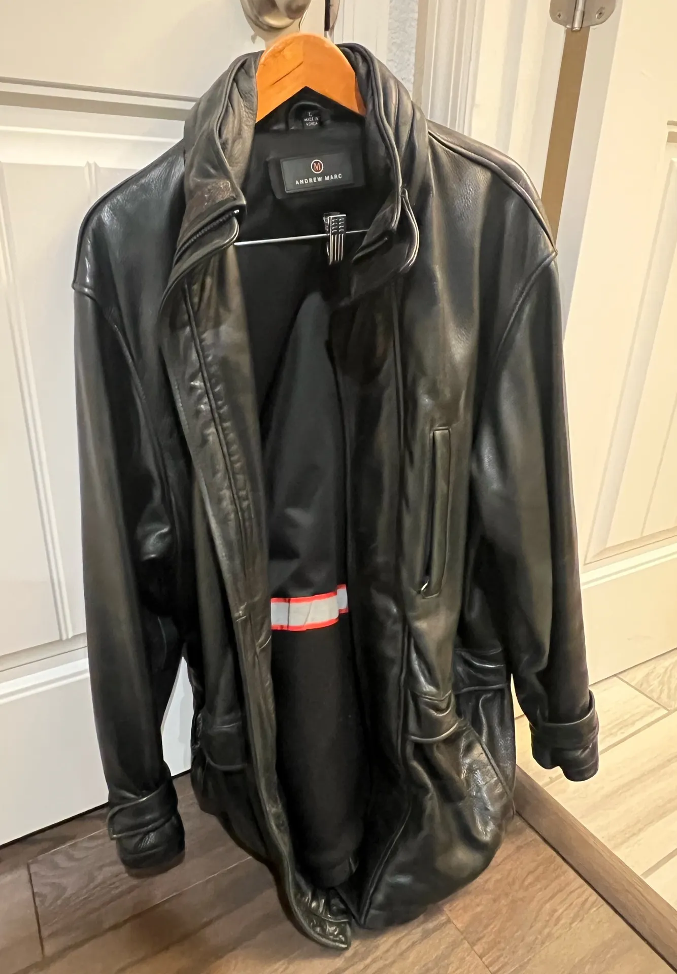 Vintage 90s Andrew Marc Black Cowhide Leather Trench Coat Jacket - Image 2