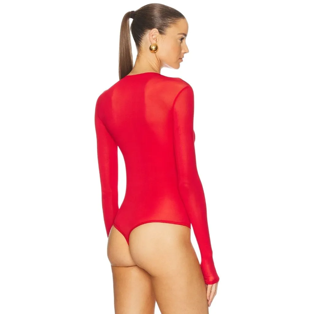 WARDROBE.NYC Sheer Bodysuit in Red Small New Womens Long Sleeve Top - Image 3