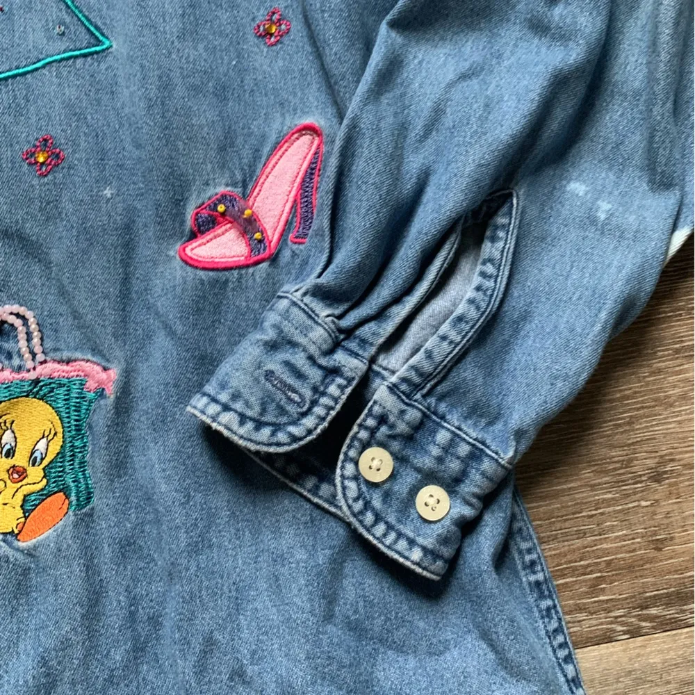 Vintage Looney Tunes Tweety Bird Oversized Denim Button Down Shirtt L - Image 3