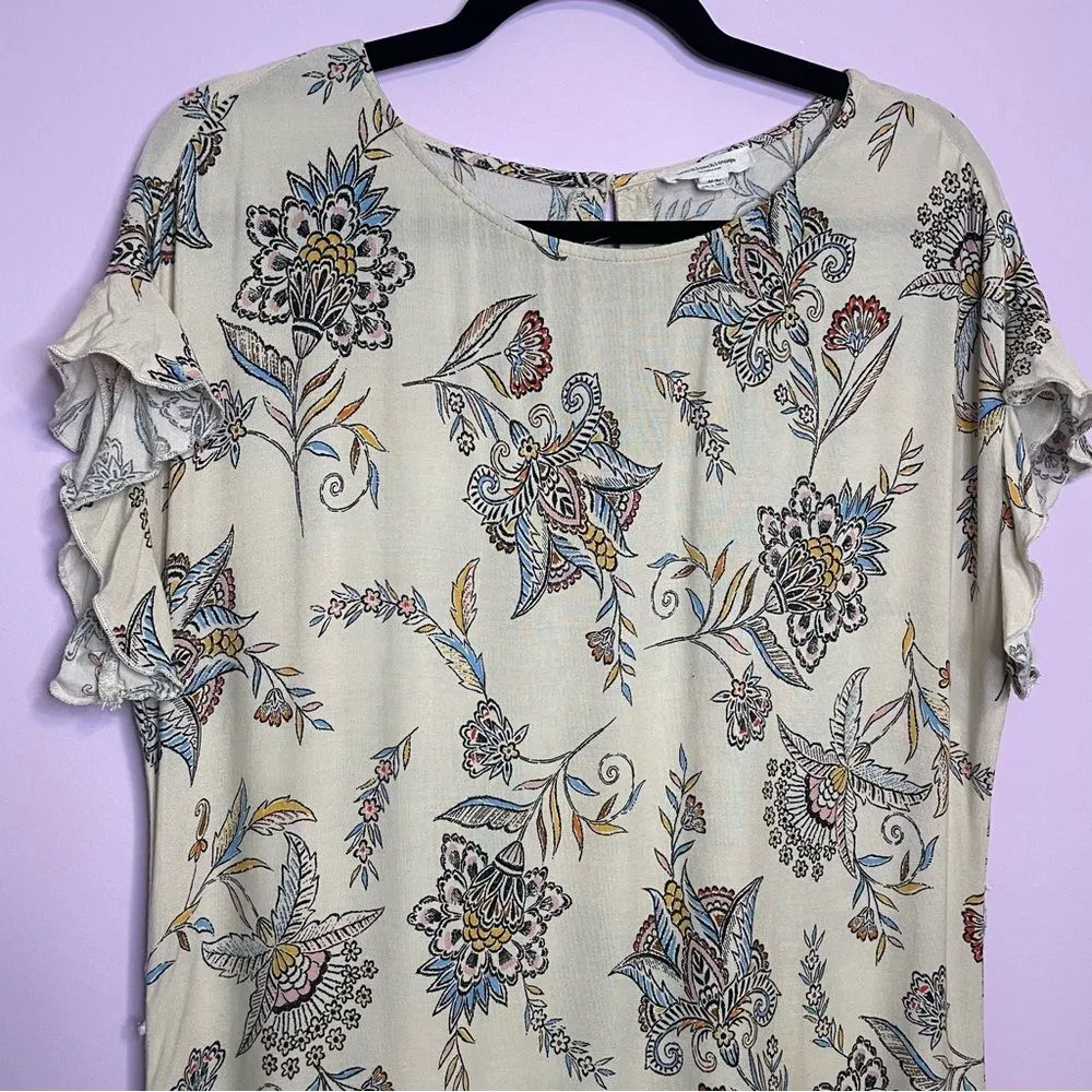 Beach Lunch Lounge Shirt Dress Red Tan Boho Paisley Ruffle Sleeve Rayon Medium - Image 2