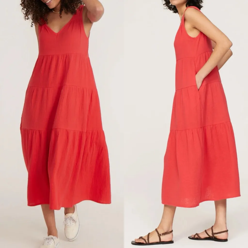 Marine Layer Corinne Double Cloth Gauze 100% Cotton Maxi Dress Red Boho Coastal - Image 4