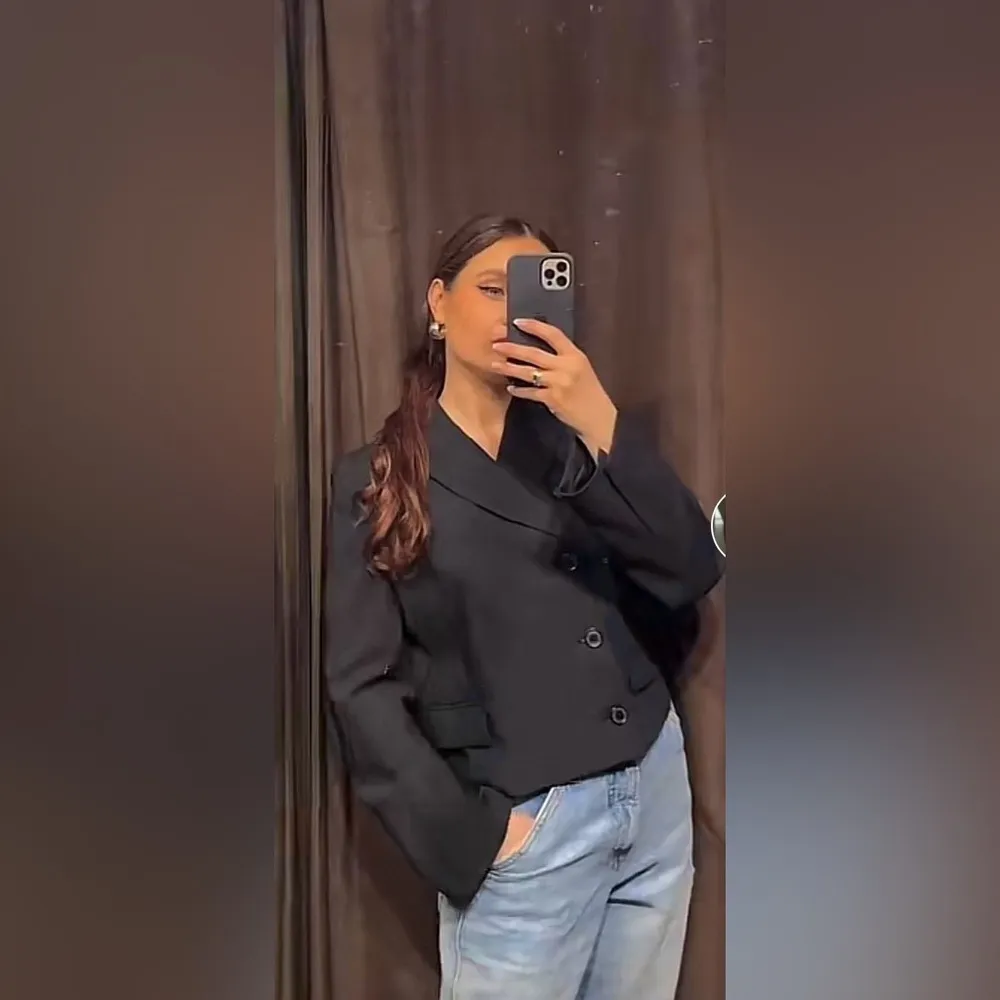 Zara Bloggers Favorite Black Double Breasted Cropped Wool Blend Blazer Sz‎ M - Image 4