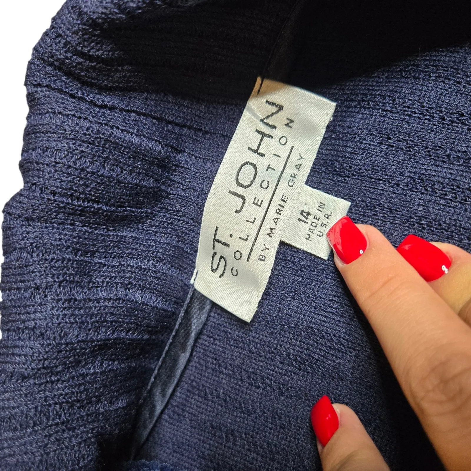 St.John Navy Blue Kelly Ruffle Knit Midi Cardigan Size: 14 - Image 3