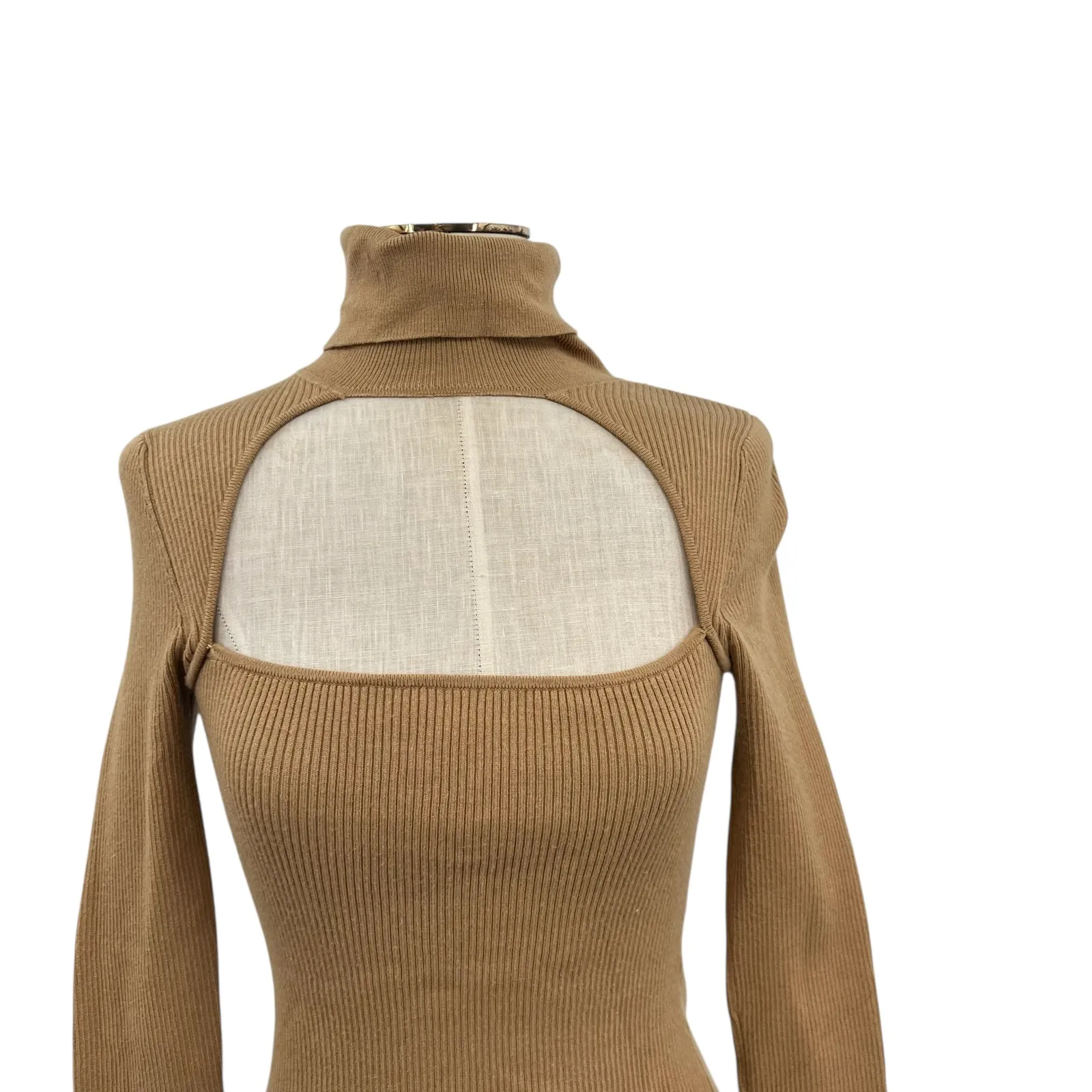 Camila Coelho Roscoe Sweater Cut Out Ribbed Turtleneck Camel Tan Size Small - Image 4