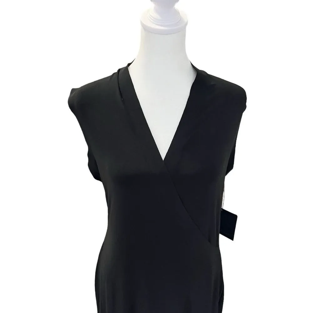 Norma Kamali Sleeveless Side Draped V Neck Faux Wrap Black Midi Dress NWT Size M - Image 4