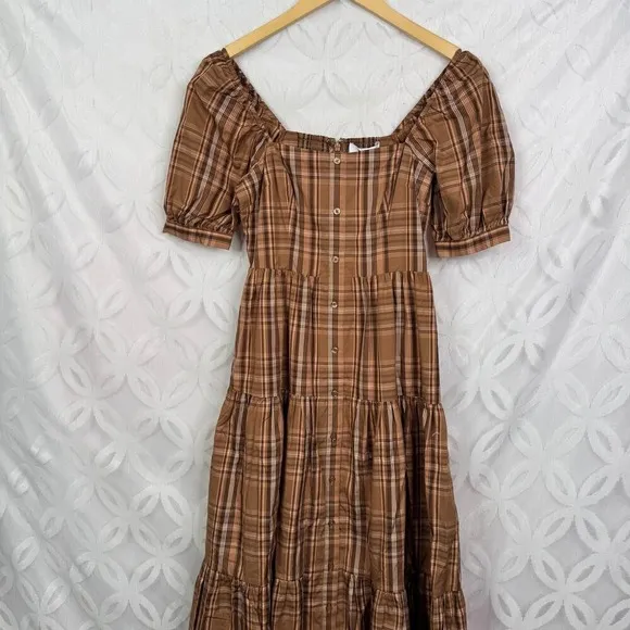 Billie The Label Eleanor‎ Plaid Puff Sleeve Midi Dress Size 0 NWT Brown - Image 8