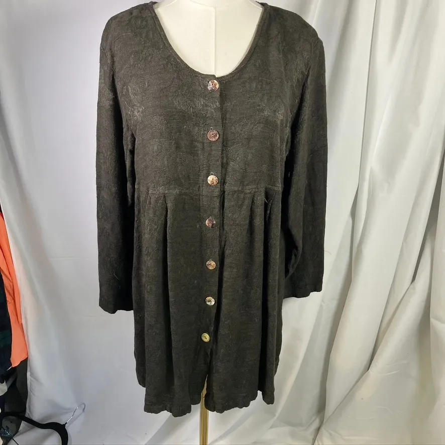 Vintage Modern Romance Dark Green Button Front Tunic Dress Rayon Flax‎ USA Made Brown Size M - Image 13