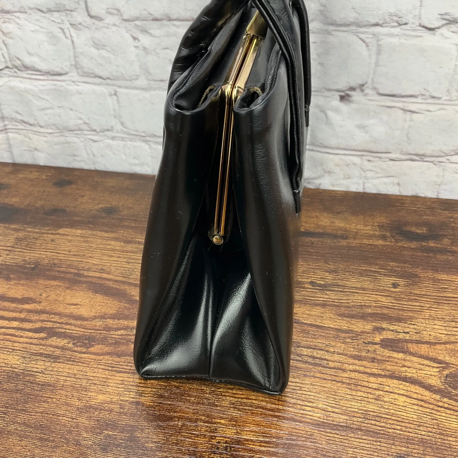 Vintage Handbag Black Top Handle Structured Purse Classic Satchel Small - Image 4