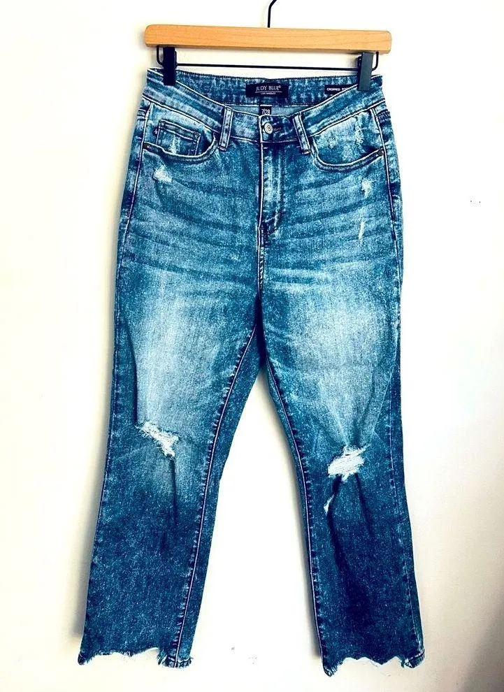Judy Blue Cropped Bootcut Jean Distressed Stretch High Rise Chewed Hem Boho 7/28 - Image 2