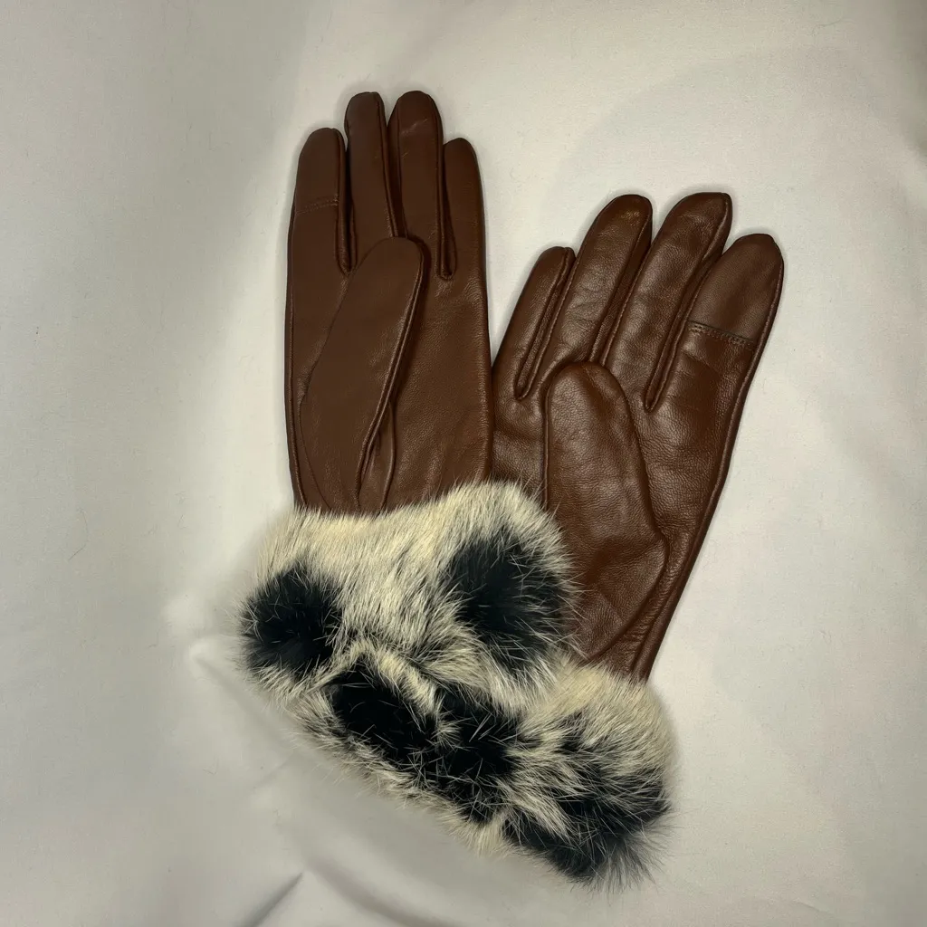 Excelled Brown Lamb Leather Cashmere Lined Gloves with Rabbit Fur Trim Size L - Image 4