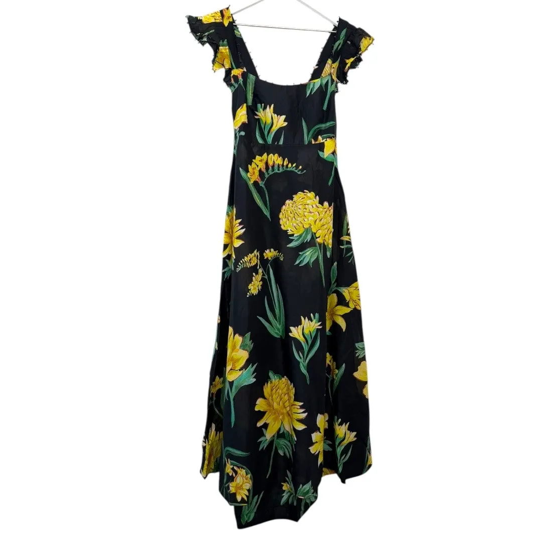Farm Rio Alice Flowers Black Maxi Dress Yellow Floral Flutter Sleeve Size S - Image 3