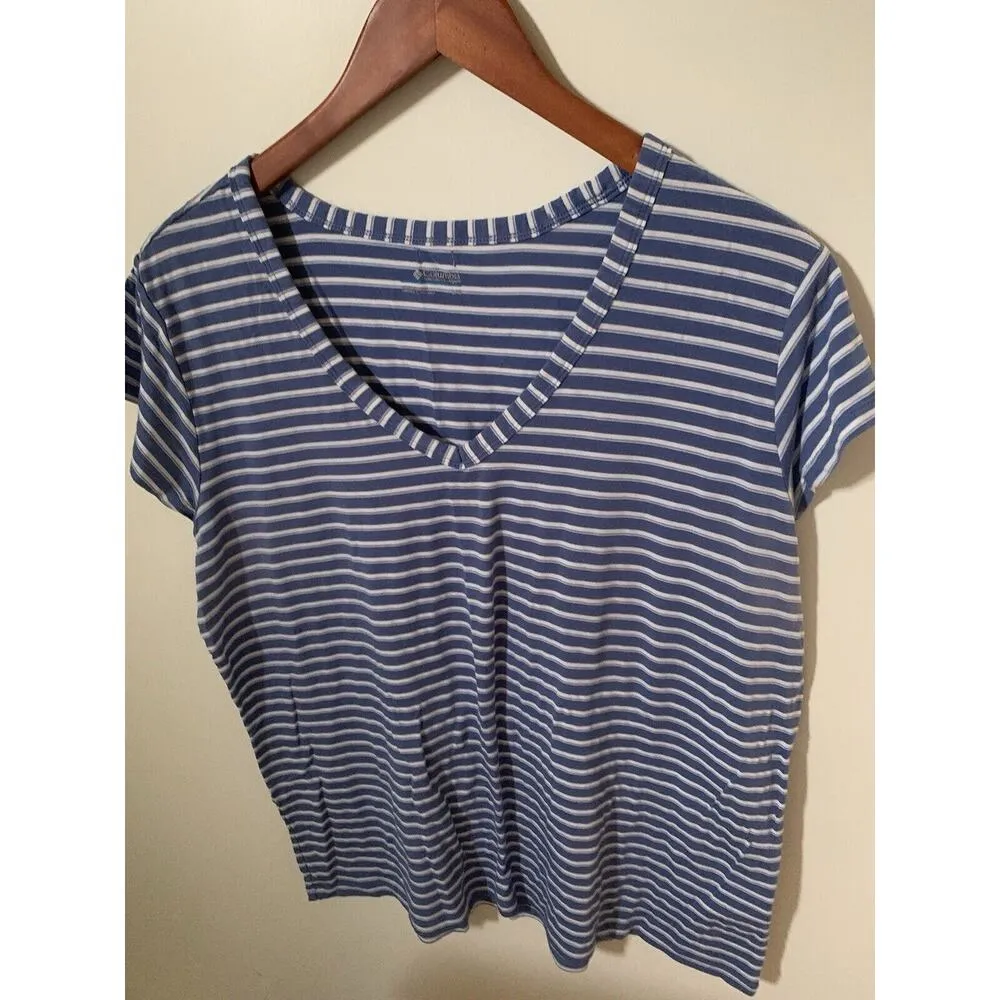 Columbia Womens Size L Top Activewear Blue White Striped V-neck Athletic Top - Image 2