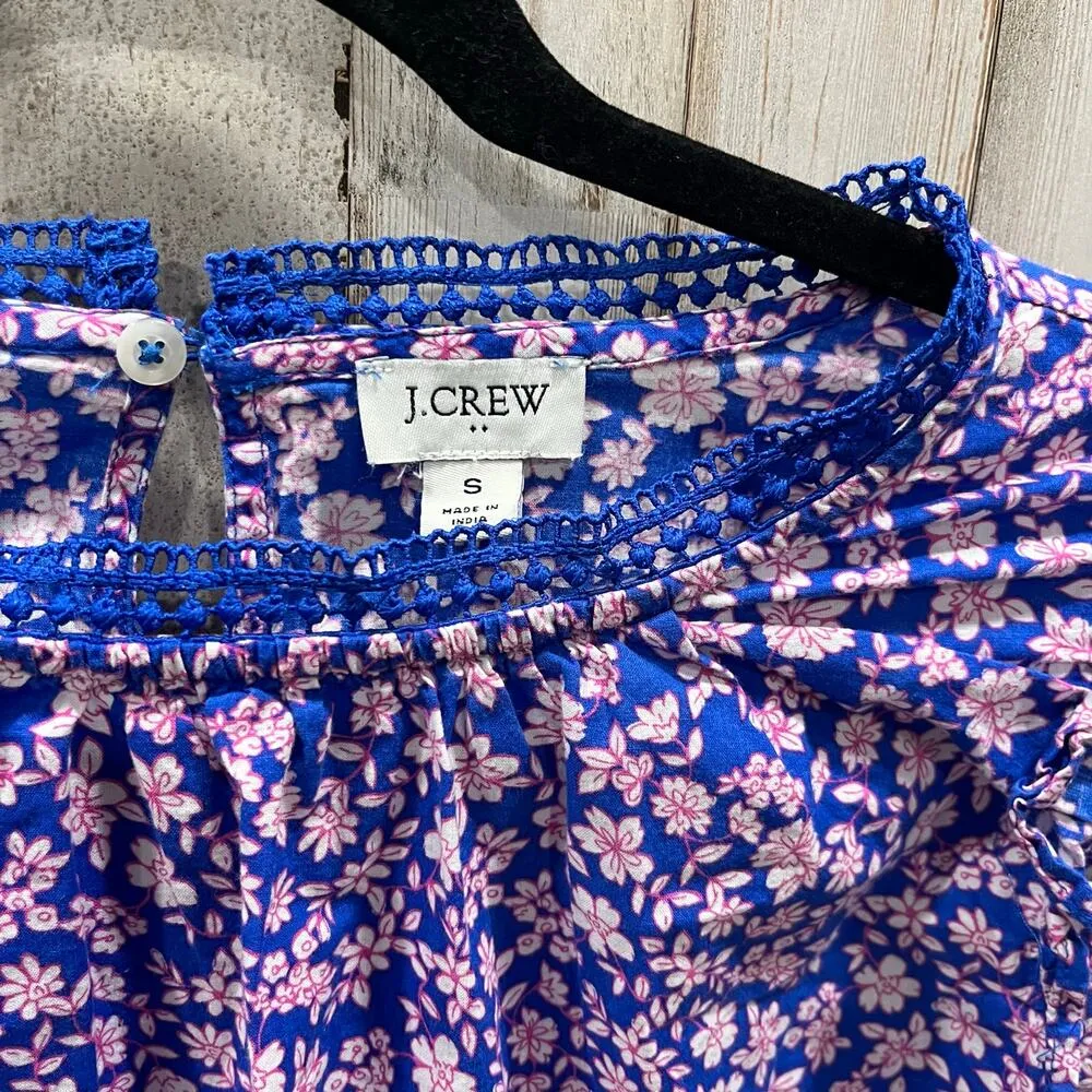 Jcrew Blue Floral Cotton Long-sleeve ruffle-shoulder top Women’s Small BF820 - Image 3