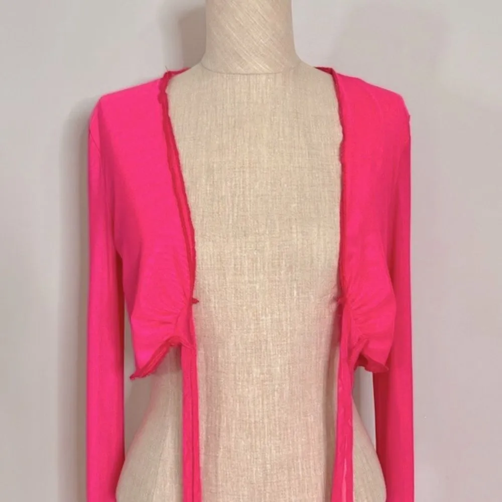 SHEIN ICON Hot Pink Lettuce Trim Knot Front Flare Sleeve Crop Top size XS - Image 5