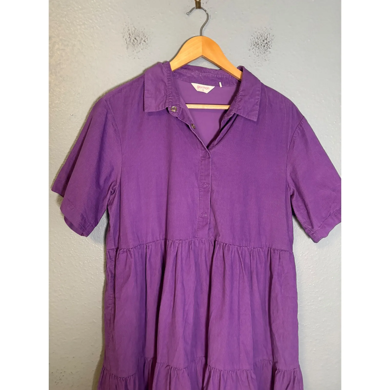 Gorman Purple Corduroy Tiered Shirt Dress Midi Pockets Size 12 Organic Cotton - Image 4