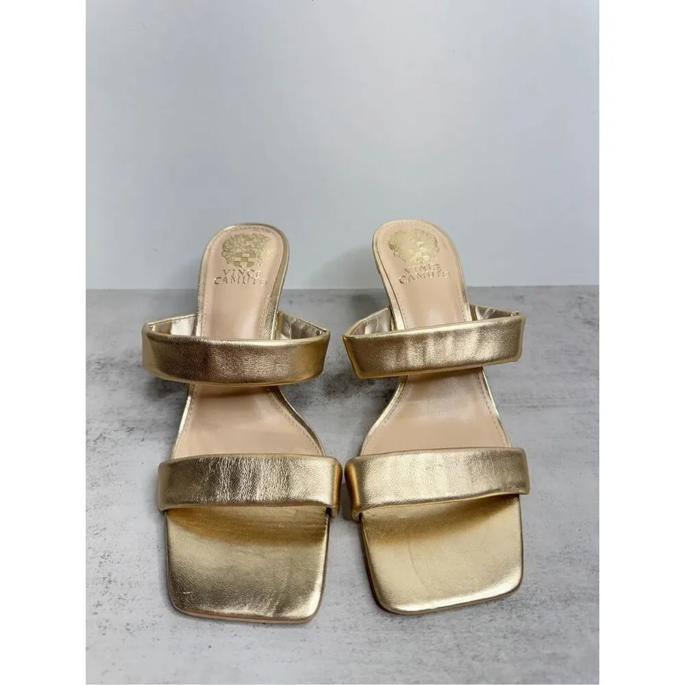 Vince Camuto Size 7.5 Gold Leather Square Toe Two Strap Slide Sandal - Image 3