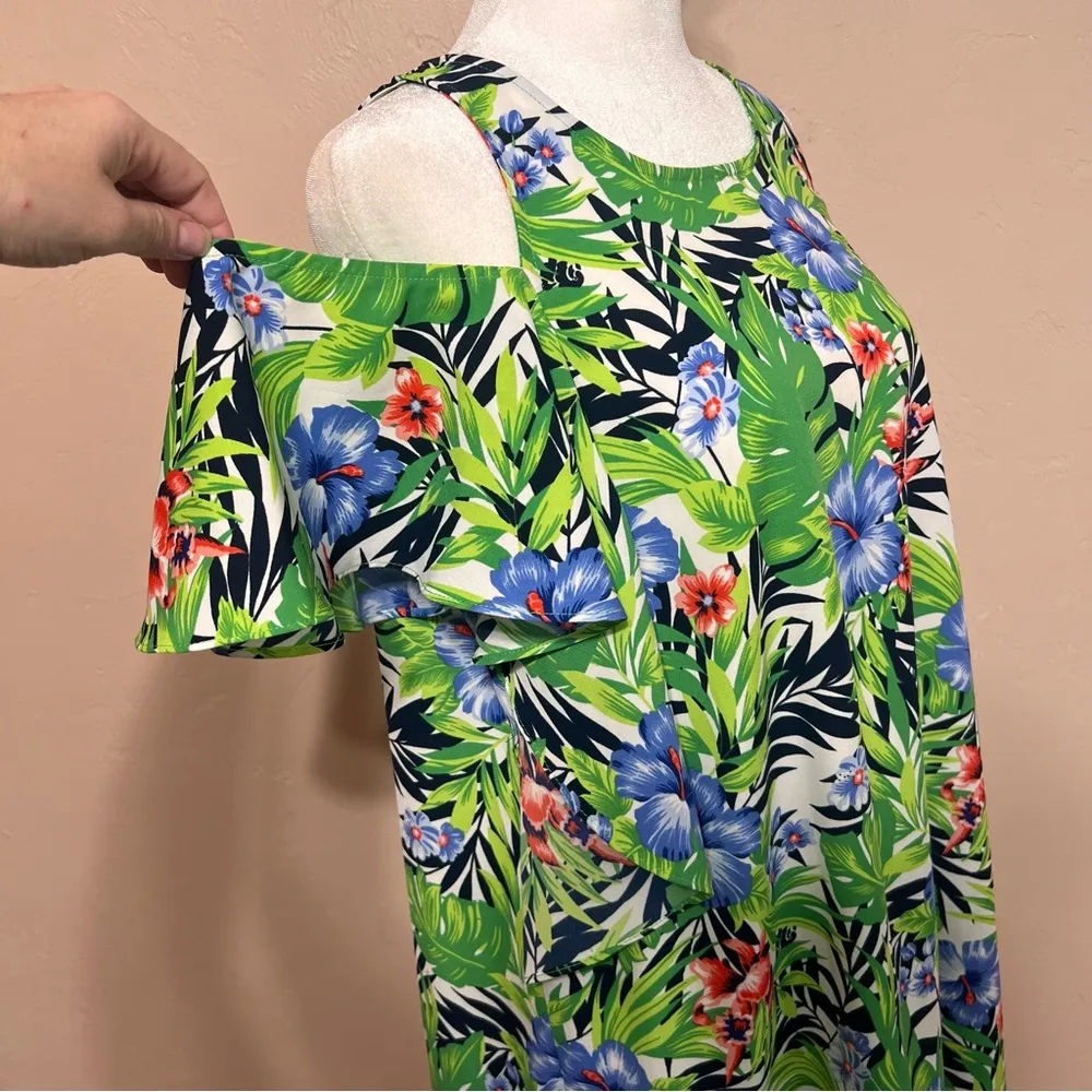 Everly Anthropologie Floral Palm Cold Shoulder Mini Dress Keyhole Back Size S/M - Image 5