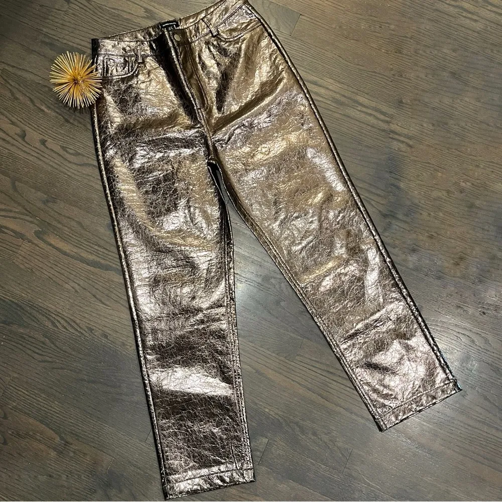 Karen Millen NWT Metallic Faux Leather Straight Pants Size 12 - PEWTER - Image 4
