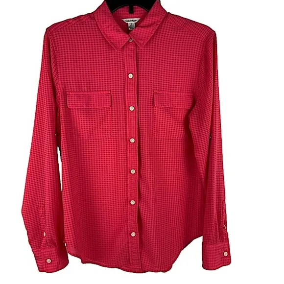 CALVIN KLEIN Coral Long Sleeve Sheer Button Down Top Women’s Size Medium - Image 11