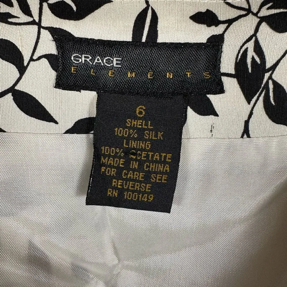 Grace Elements 100% Silk Cream
& Black Floral Lined Pencil Skirt Side Slit 6 NWT - Image 5