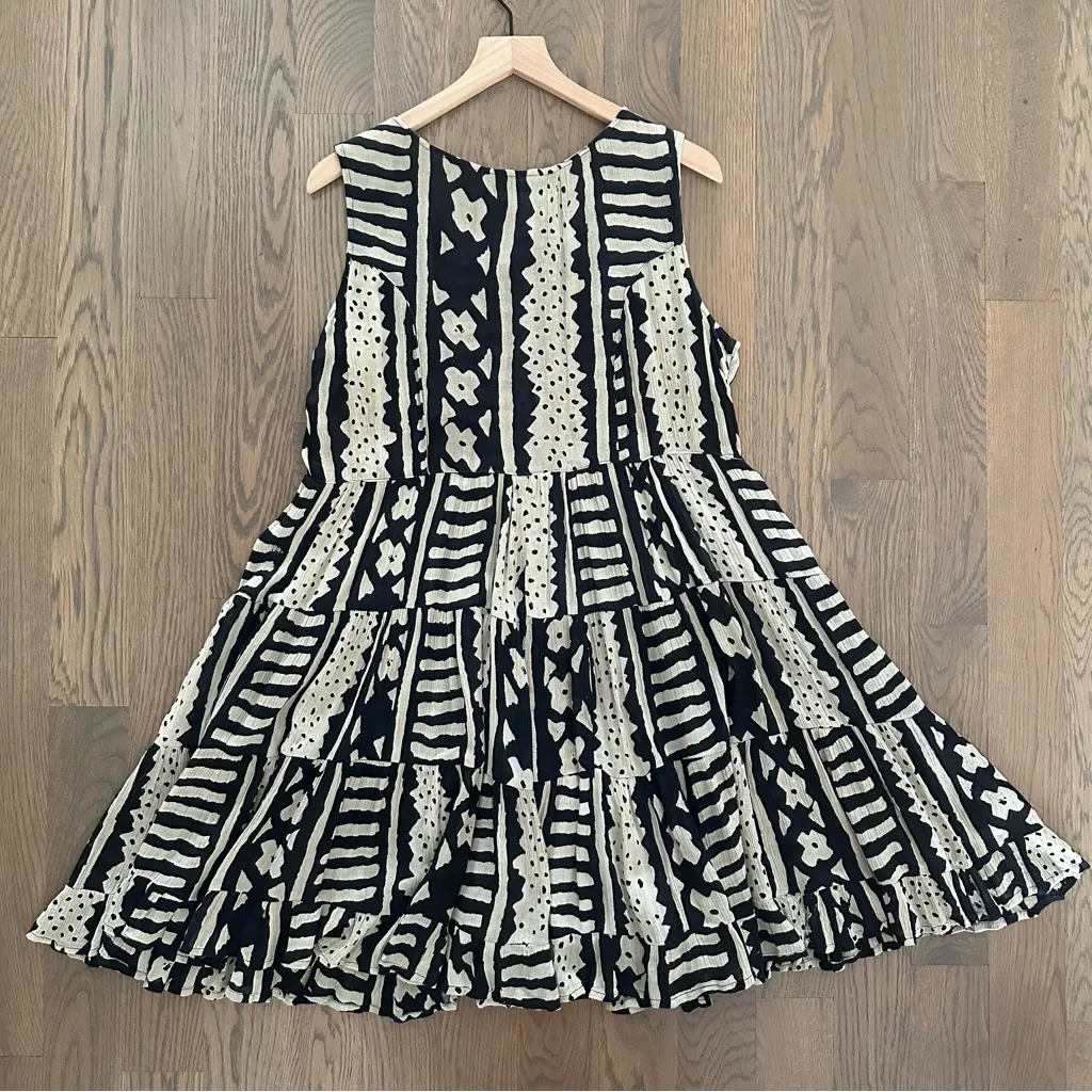 Vintage 90s Grunge Abstract Mudcloth Print Tiered Babydoll Gauze Dress Black M - Image 7