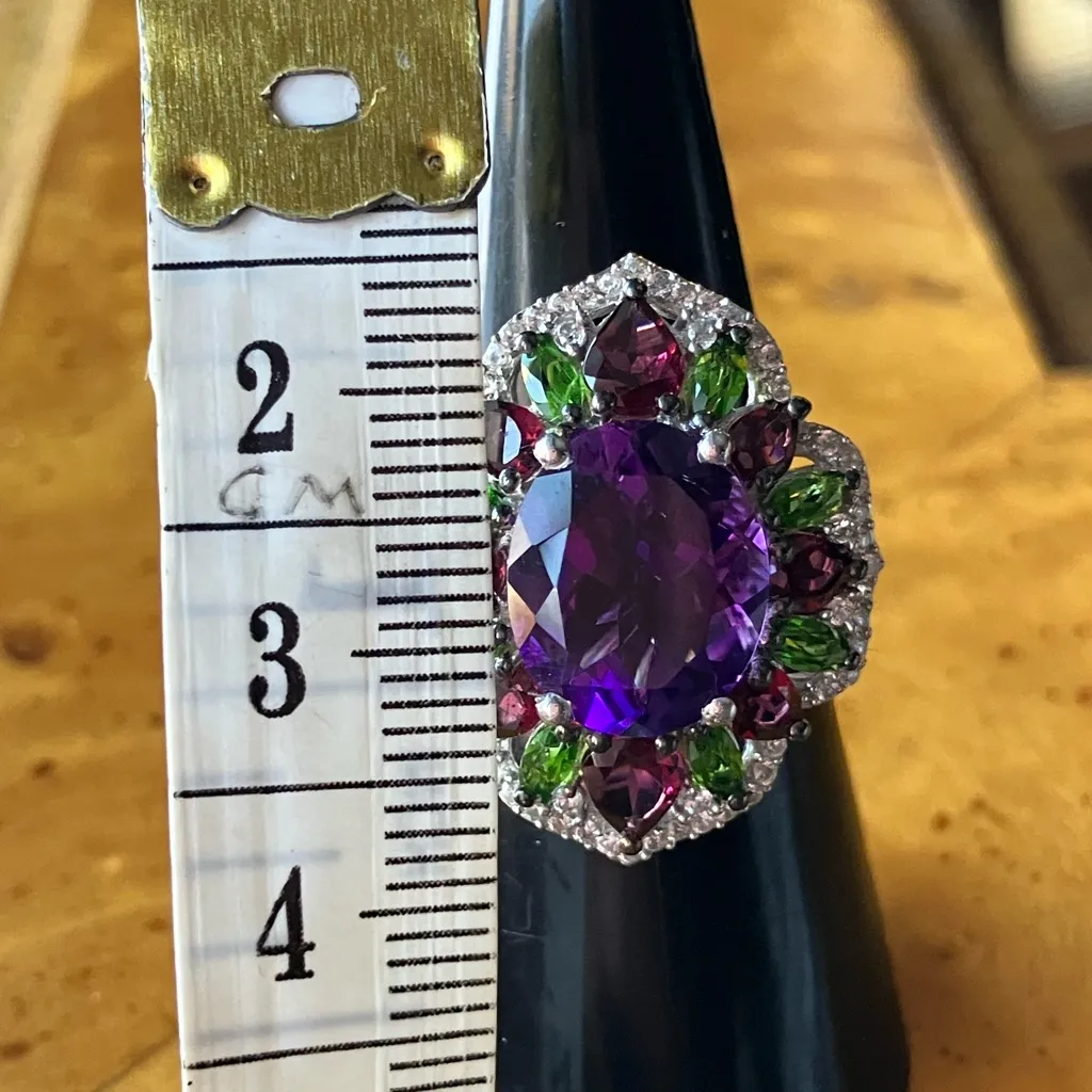 Moroccan Amethyst Chrome Diopside Sterling Silver Cocktail Ring Size 6 Purple - Image 7