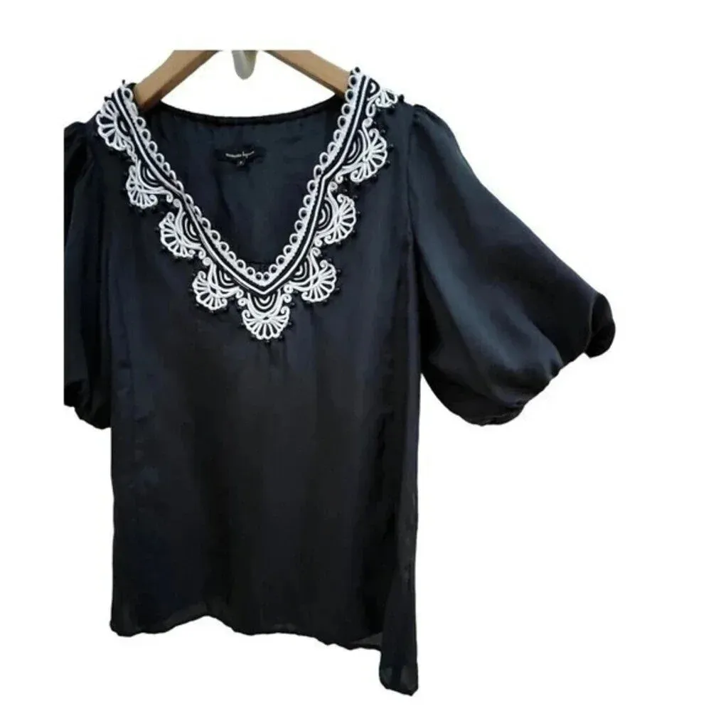 Nanette Lepore Silk Blouse Embroidered‎ Beaded V-neck Balloon Sleeves Size 2​​ - Image 5