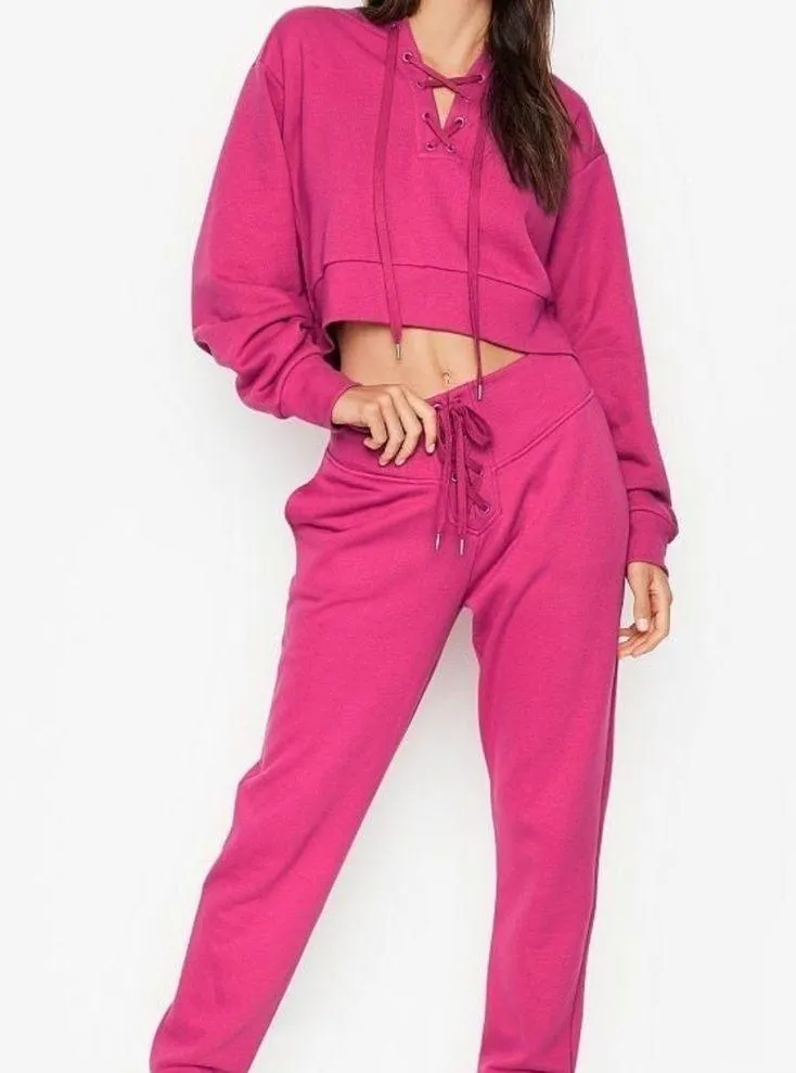 VICTORIA'S SECRET Cotton Fleece Lace-Up Crewneck Jogger Outfit Set - Image 5
