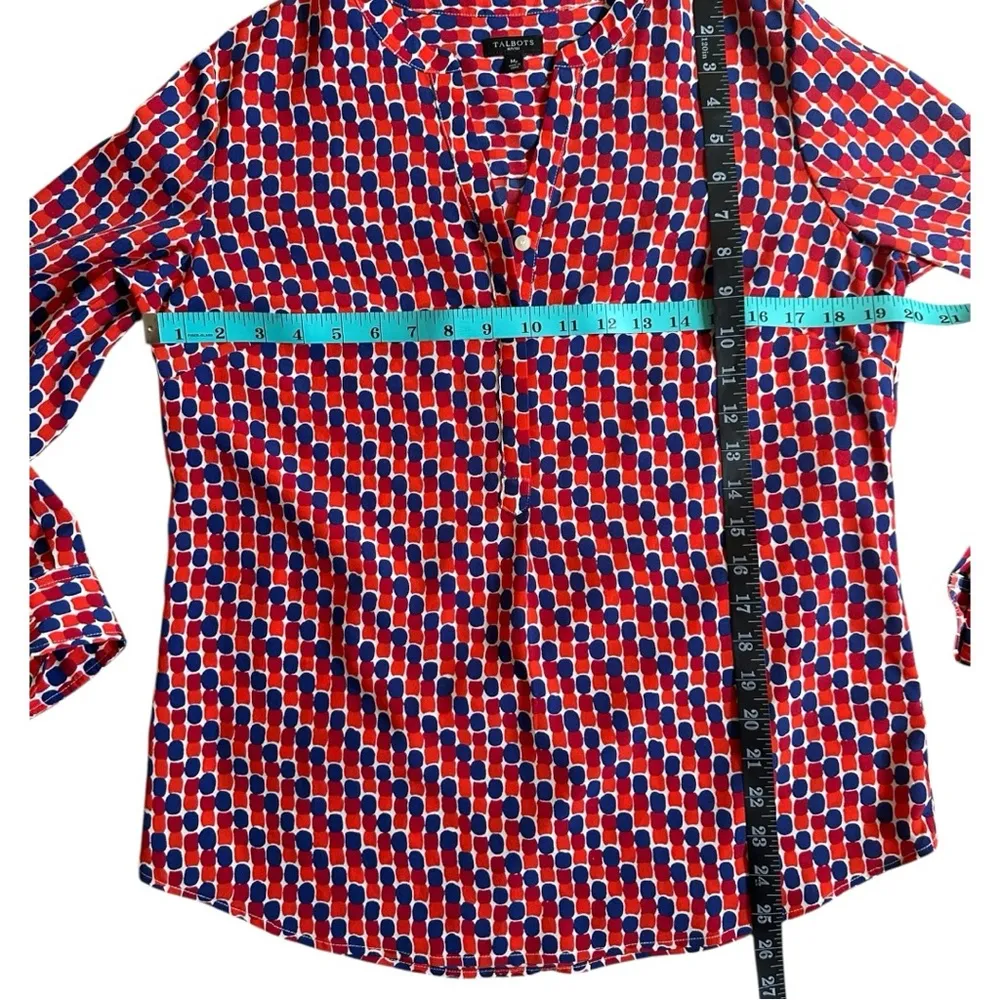 Talbots Petite Size Medium MP Boxy Popover Blouse Red Blue Geometric Print - Image 4