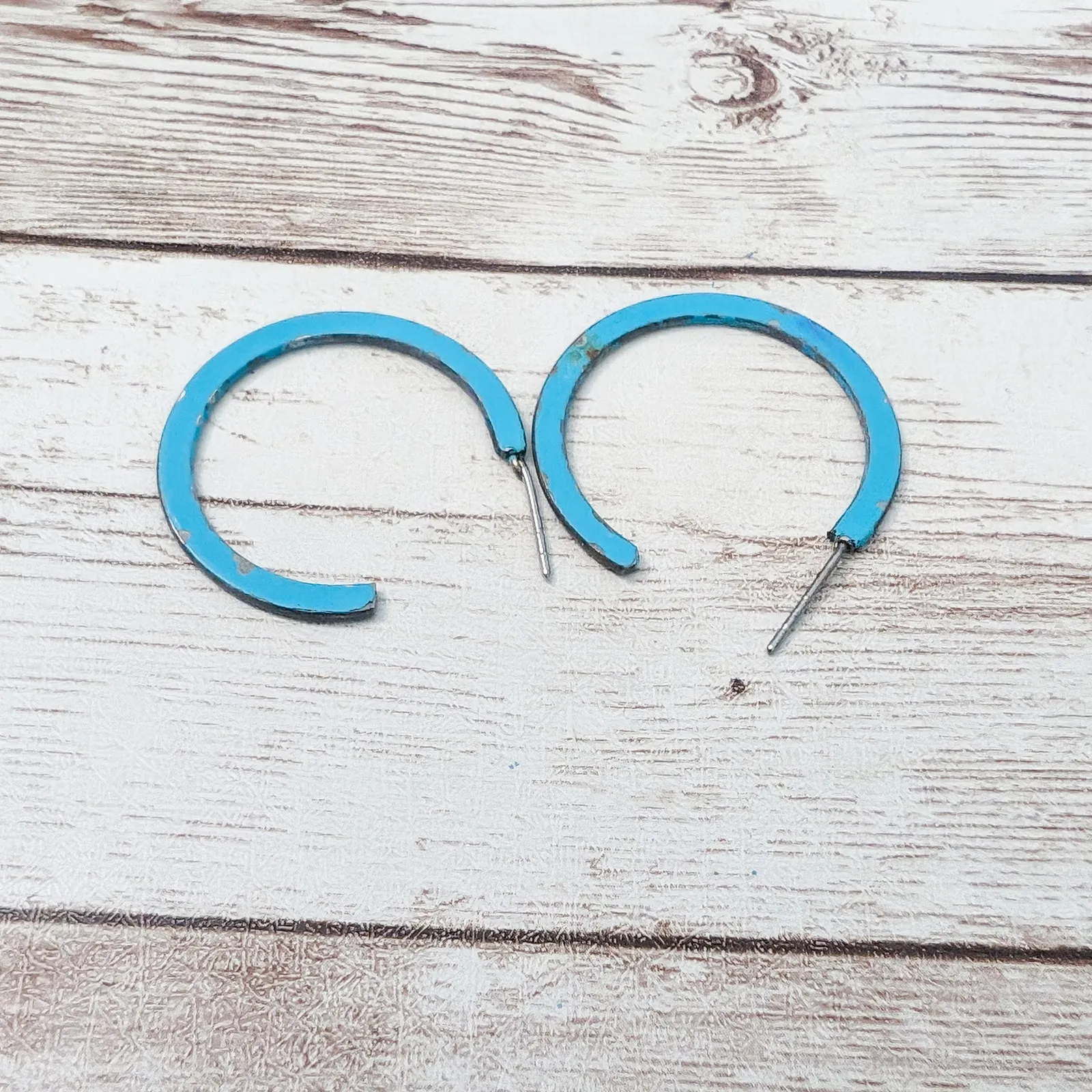 Vintage Earrings For Pierced Ears Light Bright Blue Hoops - Image 5