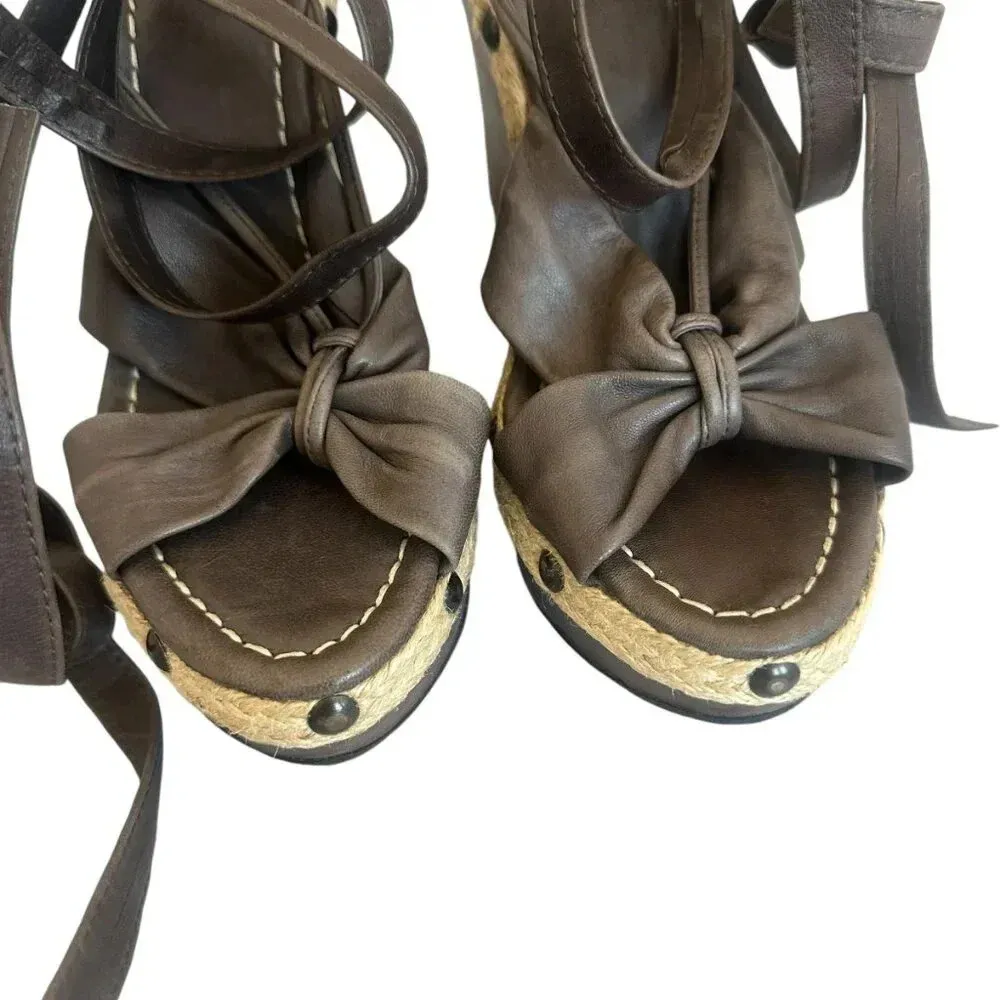 La Perla Brown Leather Ankle Lace-Up Wedges Sandals Jute Stud Size 39 8 Women's - Image 8