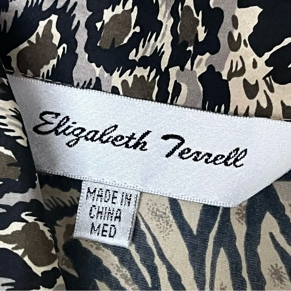 VINTAGE Elizabeth Terrell Women Blouse M Brown Silk Animal Print Jungle Safari Size M - Image 9